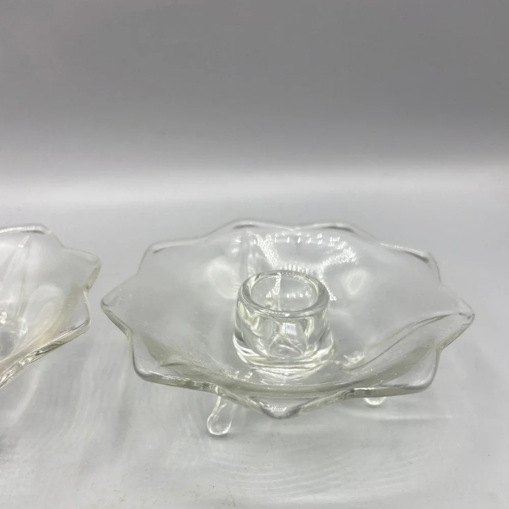 Vintage Clear Pressed Glass Scalloped Taper Candle Holders‎ Tripod Footed Pair